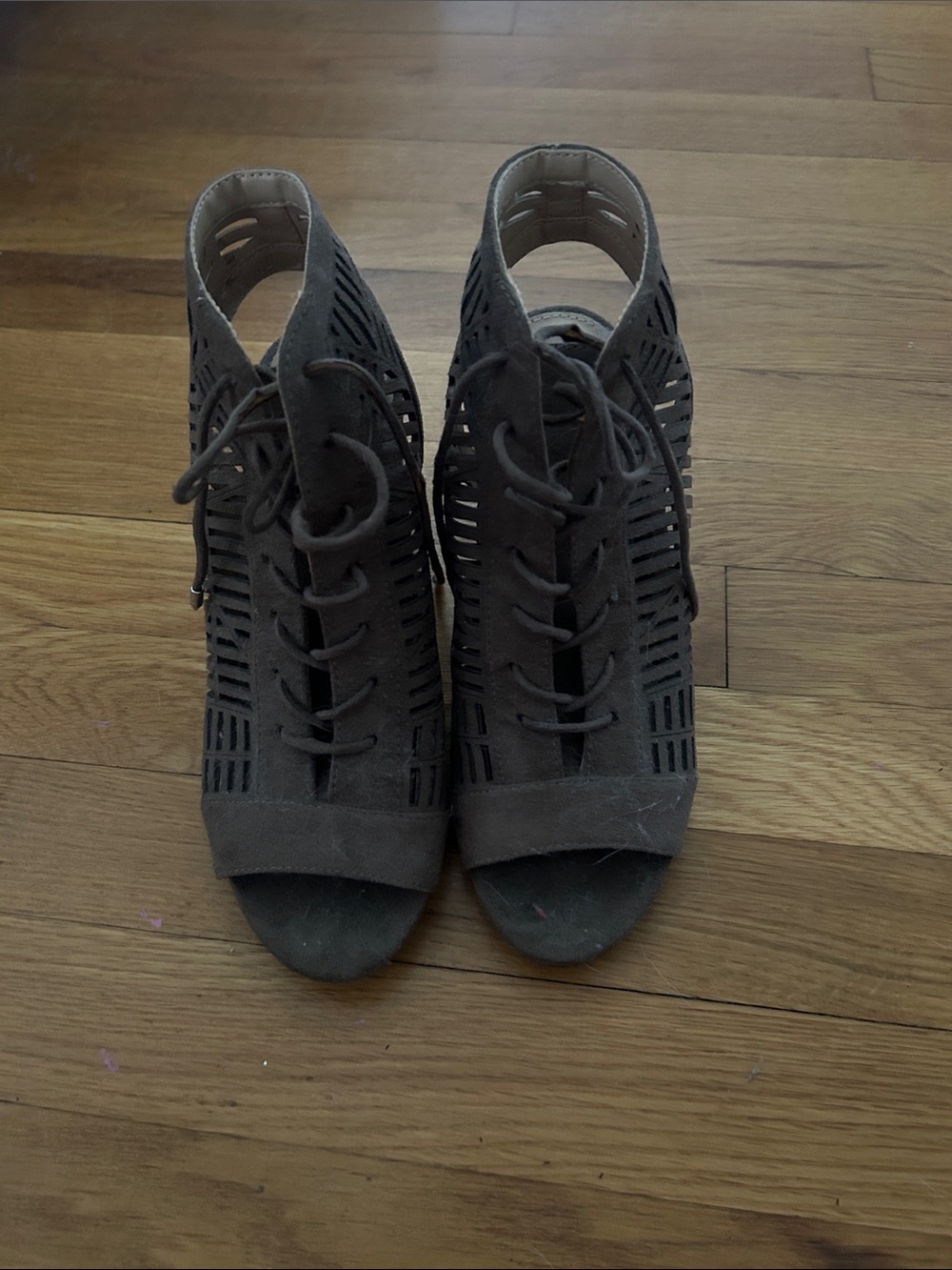 Sam Edelman Cutout Lace-Up Peep-Toe Heels in Taupe